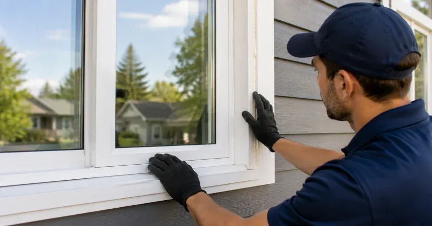 technician comparing full-frame and retrofit window replacement options in Mitchell Corners