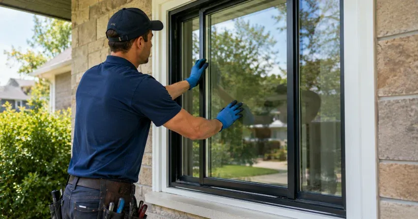 technician measuring a broken window pane for replacement in Mitchell Corners
