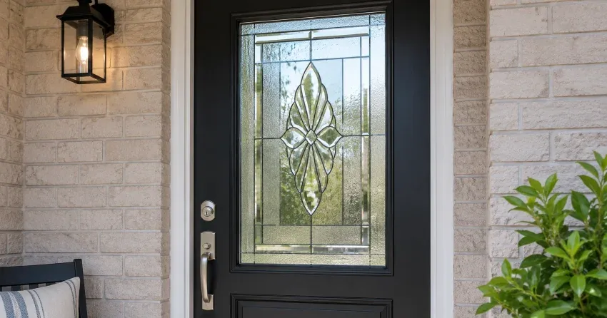 technician replacing a cracked decorative glass panel in Mitchell Corners