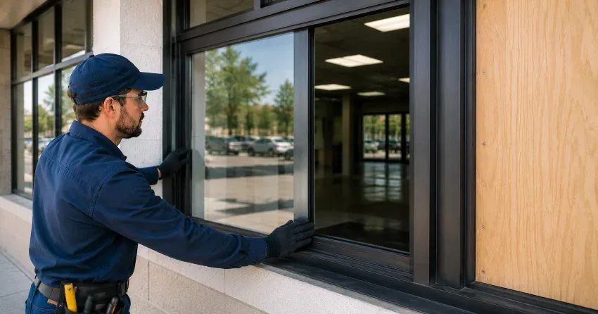 technician boarding a broken window after a break-in in Mitchell Corners