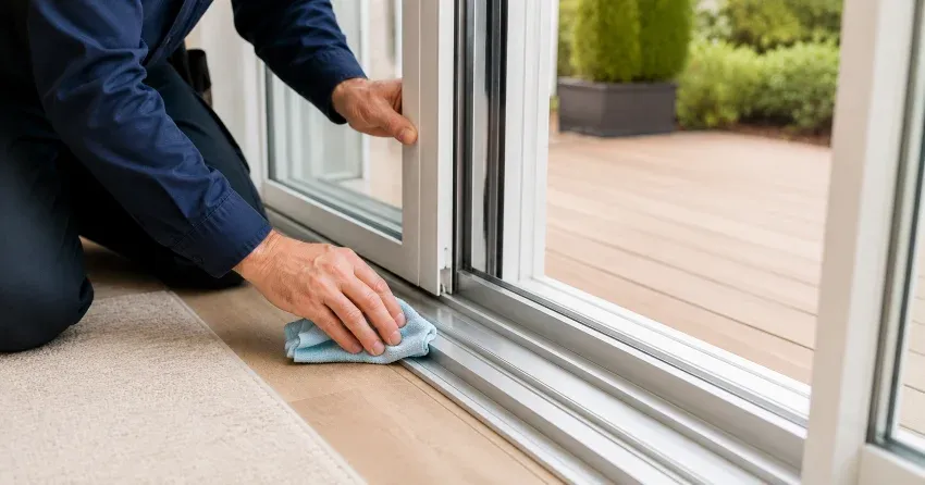 technician inspecting a sliding patio door track in Mitchell Corners