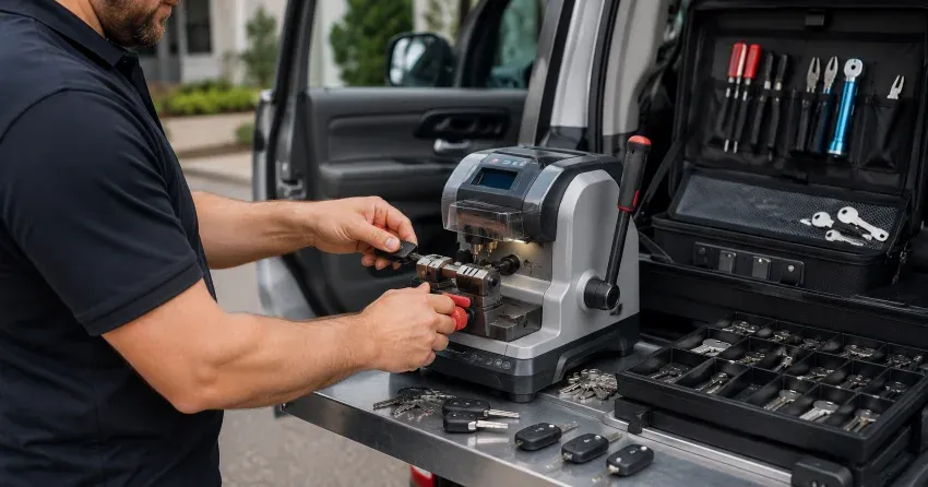 technician cutting a replacement car door lock key in Mitchell Corners
