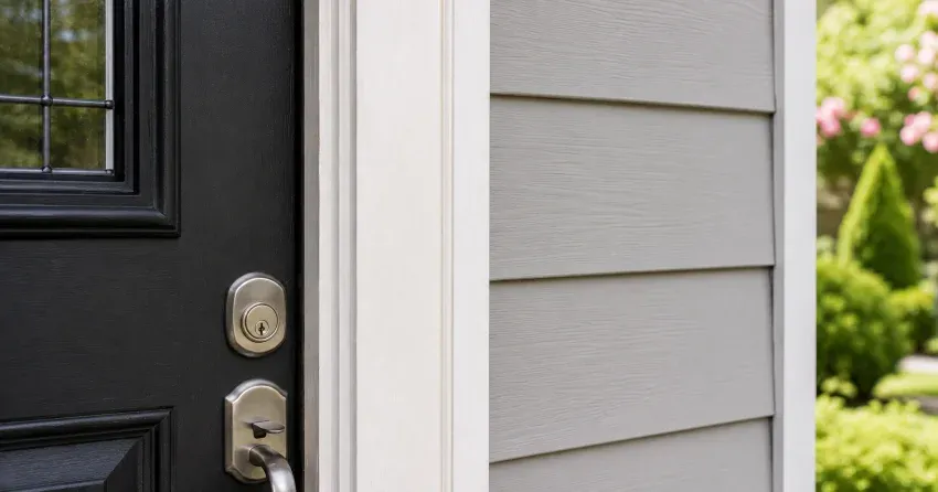 technician inspecting door jamb behind cracked casing in Mitchell Corners home
