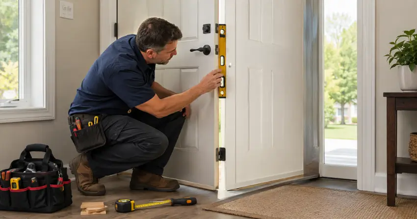 technician diagnosing a misaligned door frame in Mitchell Corners