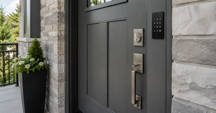 High-security door hardware and access control keypad installed on a residential entry door in Mitchell Corners