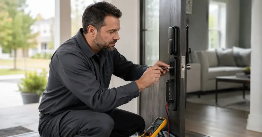technician diagnosing automatic door lock mechanism on residential door in Mitchell Corners