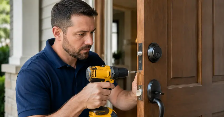 technician installing a new deadbolt during Change Door Lock Mitchell Corners service