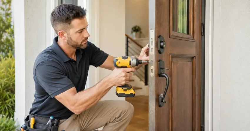 locksmith installing new deadbolt lock on front door in Mitchell Corners