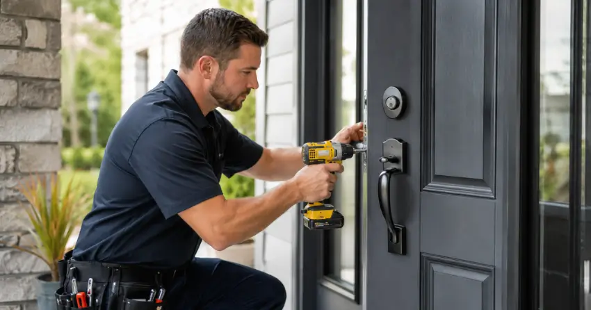 locksmith installing deadbolt lock on exterior door in Mitchell Corners