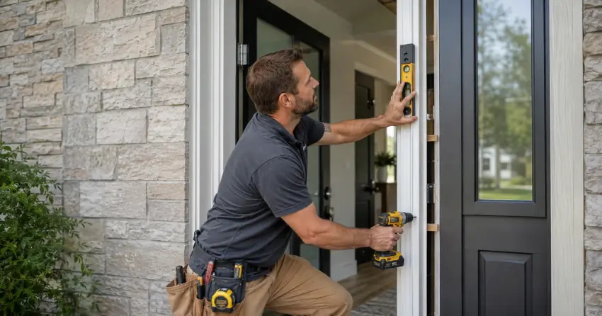 technician installing a new exterior door frame in Mitchell Corners
