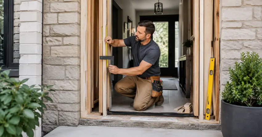 exterior door installer assessing rough opening in Mitchell Corners
