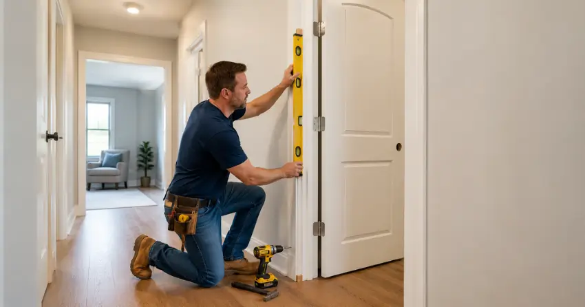 technician installing a pre-hung interior door in a home hallway Mitchell Corners