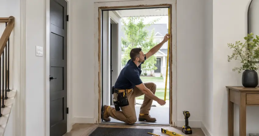 technician measuring a door frame before new door installation in Mitchell Corners
