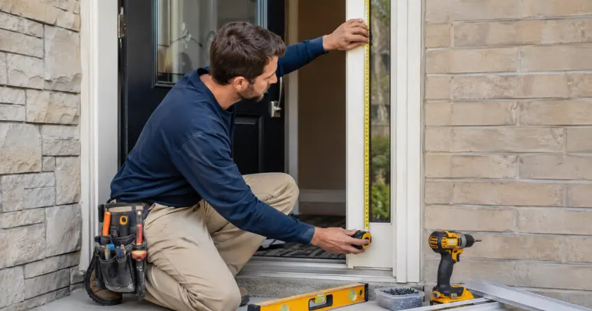 technician measuring door frame before storm door install in Mitchell Corners