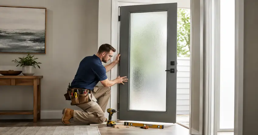 glass panel door installation with frosted privacy glass in residential setting in Mitchell Corners