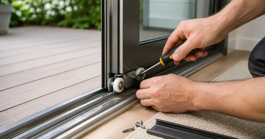 sliding door fix Mitchell Corners technician diagnosing track issue