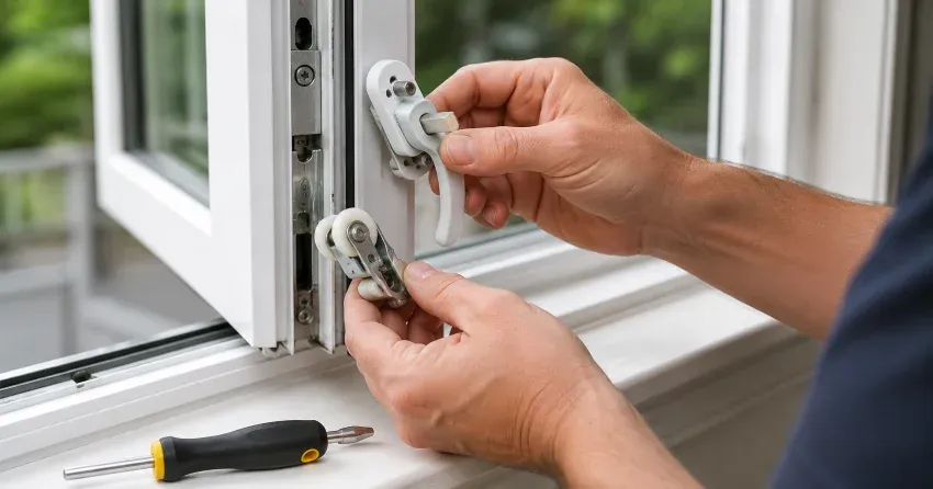 technician performing broken window repair Mitchell Corners on a sliding window