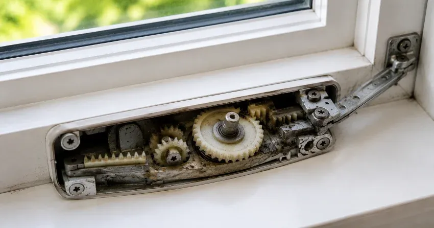technician replacing casement window crank operator in Mitchell Corners home