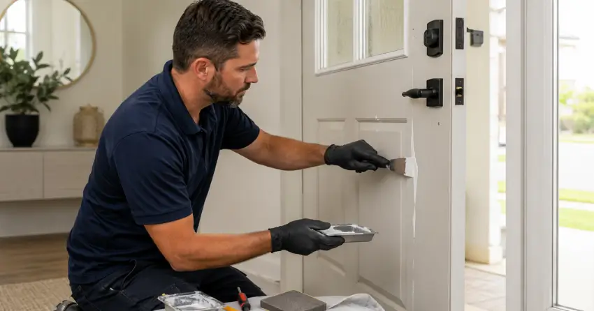 technician repairing fiberglass door surface crack in Mitchell Corners