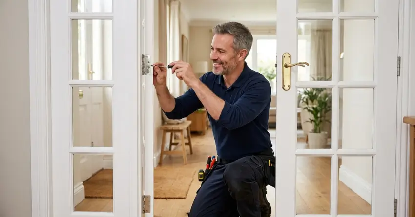 technician adjusting French door hinge for proper alignment in Mitchell Corners