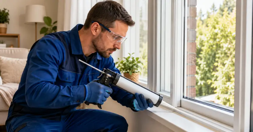 technician repairing window seal and frame in Mitchell Corners