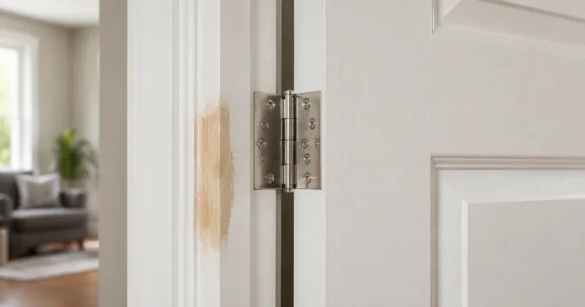 technician checking a warped door against a straightedge in Mitchell Corners