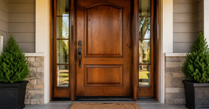 wood door mid-restoration showing stripped bare wood in Mitchell Corners