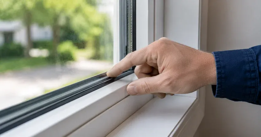 technician inspecting window glass seal in Mitchell Corners