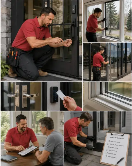 A crew carrying a new replacement window unit into a home